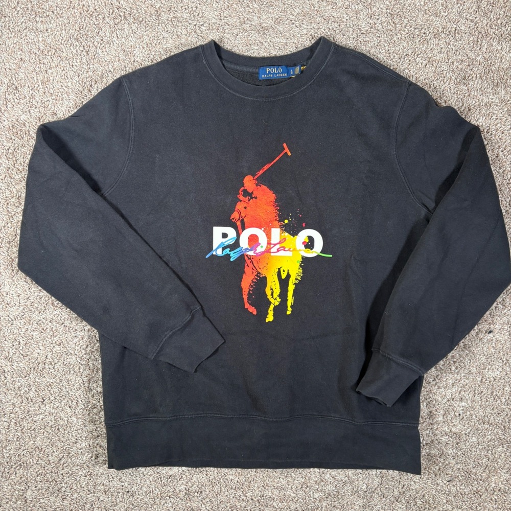 Polo Ralph Lauren Mens Black Big Pony Paint Splatter Graphic Sweatshirt Large